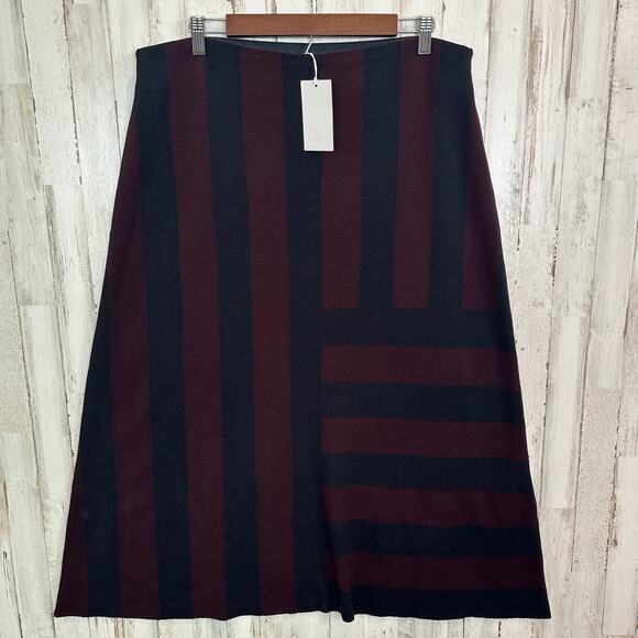 NWT Cos 100 Wool Skirt Colorblock Stripe Large Navy Burgundy Minimalist Luxury - Picture 1 of 8